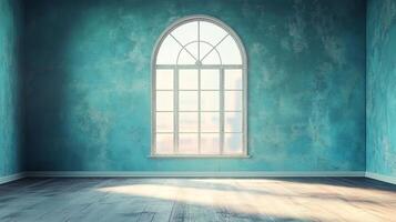 Empty room with turquoise walls, wooden floor, large arched window letting in sunlight, creating a serene and minimalist atmosphere. photo