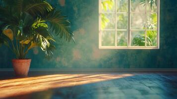 Indoor still life featuring a potted palm plant, natural light streaming through a window creating shadows on the wooden floor. photo