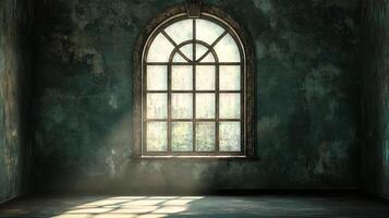Rustic arched window illuminates a dark room. Sunlight streams in, highlighting aged walls. A sense of isolation and calm pervades the scene. photo