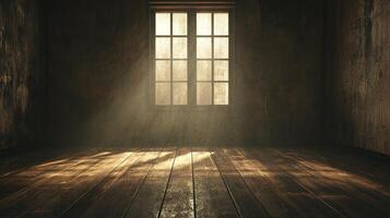 Sunlight streams through a window into a dark, empty room, illuminating the wooden floor and creating an atmosphere of solitude. photo