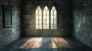 A light filled, stone room with an arched window, casting sunbeams across the wooden floor. An empty picture frame hangs on the wall. photo