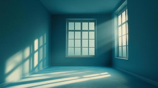 An airy, aquamarine room is illuminated by sunlight filtering through windows, casting shadows on the walls and creating a sense of serenity. photo