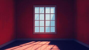 Red room illuminated by light through a paneled window, creating shadows on the floor, showcasing empty space and simplicity. photo