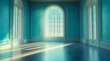 Light streams through a large arched window in a vibrant teal room, casting shadows and creating a serene and spacious atmosphere. photo