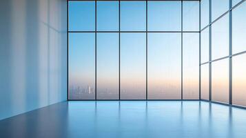 Bright airy room featuring large windows with a city view in the distance, light blue walls, and shiny floor. Simple, stylish background. photo