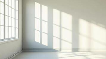 Sunlight streams through a window, casting bright rectangles of light and shadow on the wall of an empty room in this minimalist interior. photo