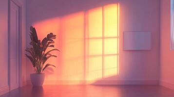 Sunlit room featuring a potted plant with warm light casting geometric shadows from a window, creating a serene atmosphere. photo