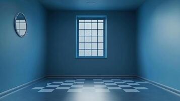 A minimalist room bathed in blue, featuring a checkered floor, window, and circular mirror, creating a serene and surreal atmosphere. photo