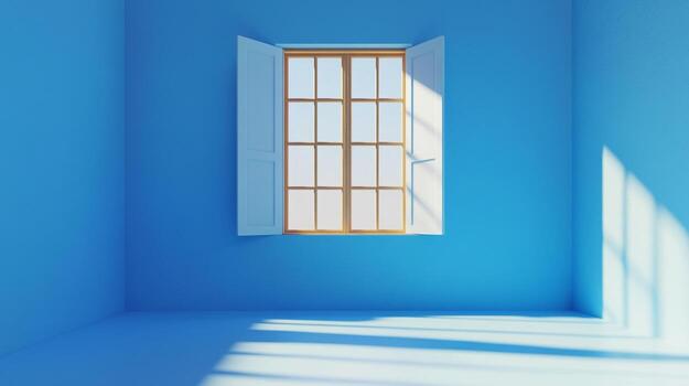 Sunlight streams into a vibrant blue room through an open window, creating a peaceful and serene atmosphere that welcomes the outside in. photo