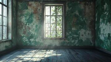 Dilapidated room filled with natural light streaming through a window overtaken by vines, creating a serene, aged atmosphere. photo