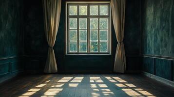 Sunlight streams through a grand window into an antique room, casting shadows and illuminating the space with a warm, natural glow. photo