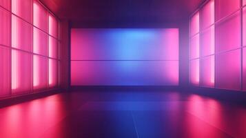 An abstract image featuring vibrant gradients of pink and blue in a modern, possibly futuristic setting. Lights and reflective surfaces amplify color. photo