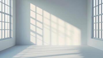 Sunlight streams through window panes, casting geometric patterns on the wall in a minimalist room, creating a bright, tranquil scene. photo