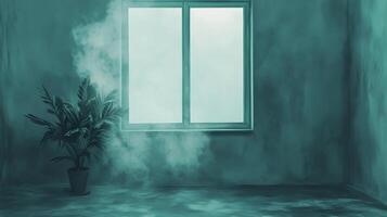 Indoor greenery in a misty room next to a window, creating an eerie yet peaceful ambiance, enhancing the mysterious atmosphere. photo