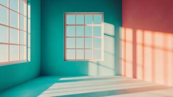 Minimalist interior featuring a bright, colorful room with natural sunlight streaming through multiple windows, creating shadow patterns. photo