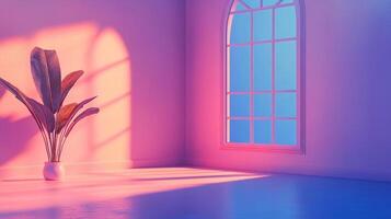 A serene interior space bathed in pastel light, featuring a potted plant casting shadows against walls and a window with a clear blue view. photo
