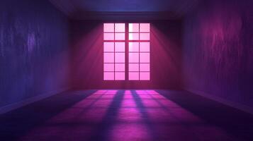 A window casting vibrant pink light patterns in a dark room, creating a unique and atmospheric ambiance. The contrast highlights the texture. photo