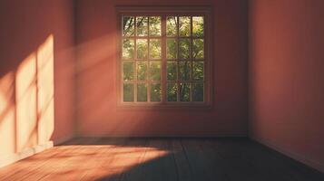 Sunlight streams into an empty room with a window. The scene is bathed in warm tones, creating a serene and inviting atmosphere. photo