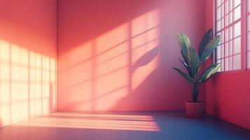 Sunlit corner with a potted plant casting shadows on the wall. Interior design with a sense of tranquility and natural light. photo
