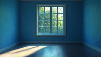 Sunlight streams into a serene room with blue walls through a window overlooking lush greenery, creating a calming indoor space. photo