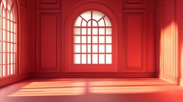 Interior with large arched windows illuminating red walls and floor, casting stark shadows. The space is minimalist and monochromatic. photo