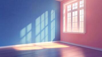 Sunlight streams into a blue and pink room with hardwood floors, creating a soft and inviting atmosphere. Serene empty room. photo