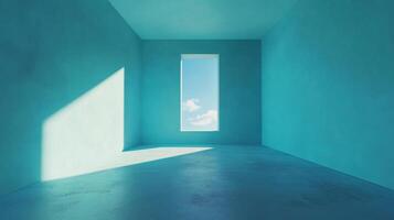 Minimalist blue room with a window. A bright light streams through the window, illuminating part of the wall and the floor. photo