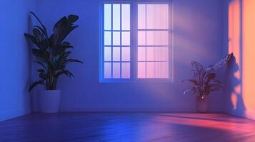 Serene room with plants bathed in blue and orange light, window casting soft glows. Minimalist interior design and tranquil atmosphere. photo