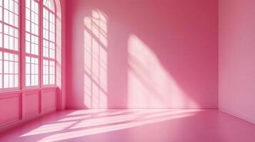 A pink room is illuminated by sunlight streaming through a window, creating a pattern of light and shadows across the floor and walls. photo