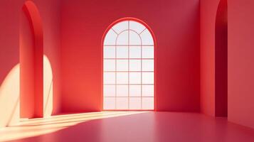 Minimalist red room with arched windows and strong light creating geometric patterns on the floor and walls. Modern and clean design. photo