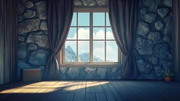Rustic interior with a window view of mountains. Stone walls and wooden floor create a cozy atmosphere. Sunlight streaming through the window. photo