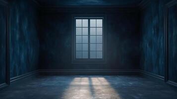 Dimly lit room with a large window letting in streaks of light, creating a serene and contemplative atmosphere, shadows playing on the walls. photo