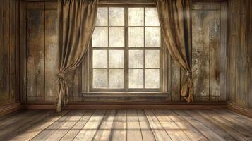 Rustic room featuring a large window adorned with brown curtains, casting light across the weathered wooden floor and panelled walls. photo