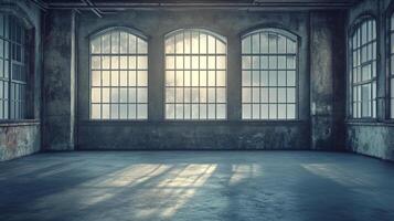 An empty industrial space with sunlight streaming through arched windows, creating a vintage and spacious atmosphere. photo