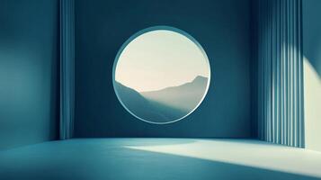 Minimalist teal room featuring a circular window framing distant mountains, bathed in soft light, evokes serene contemplation. photo