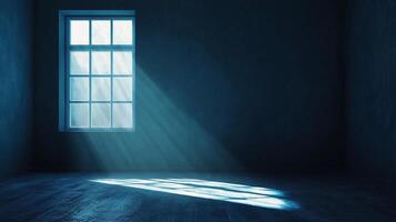 A single window casting bright light beams across a dark, empty room, creating a striking contrast of illumination and shadow. photo