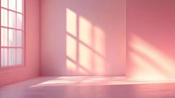 A serene, sunlit room with walls painted in shades of pink, featuring a large window casting geometric shadows across the space. photo