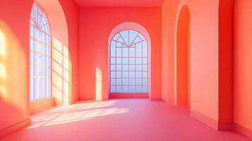 Illuminated interior featuring archways and windows, bathed in a warm, monochromatic palette, casting soft shadows and creating depth. photo