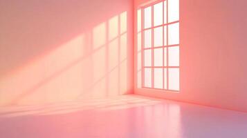 Minimalist interior bathed in warm sunlight streaming through a grid window, casting geometric shadows on the peach-colored walls and floor. photo