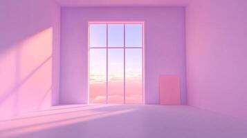 A serene, minimalist room bathed in pastel shades, with sunlight streaming through a large window showcasing clouds and clear sky. photo