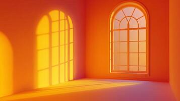 Warm light streams through arched windows in an orange-toned room, creating bright shadows and a serene, inviting atmosphere. photo