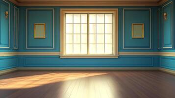A teal, art deco-style room with a large paneled window that is letting a ray of sunlight onto the wooden floor in the middle of the day. photo