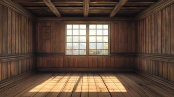Cozy wooden room bathed in sunlight streaming through a window with a mountain view. Rustic charm and natural light fill the space. photo