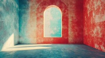 Abstract room features red and blue textured walls with an arched window, creating a serene and artistic visual experience. photo
