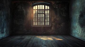 Sunlight streams through a gridded window in a weathered room, illuminating the old wooden floor. Minimalist. Atmospheric. Dark. photo