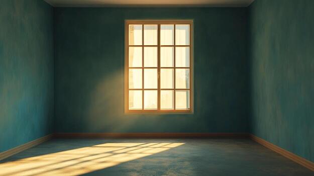 Sunlight streams through a window into an empty room, creating a bright contrast against the textured walls and bare floor. photo