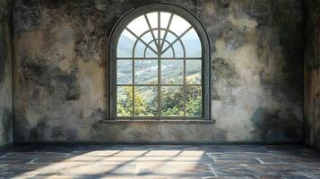 Rustic room features a weathered stone wall and a large arched window showcasing a lush mountainous view, illuminated by sunlit floors. photo