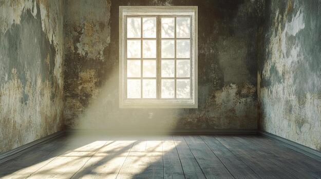 Sunlight streams through the window of a vacant, weathered room, creating a captivating play of light and shadow. A serene, aged aesthetic. photo