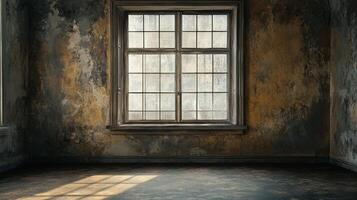 Vintage room with aged walls, a multi-paned window, and light streaks across the floor, creating a textured and atmospheric space. photo