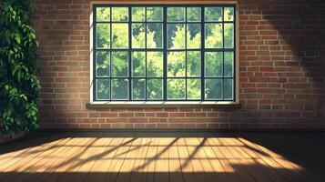 Sunlit brick wall room with large window and wooden floor, featuring a leafy plant on the side, creating a serene ambiance. photo